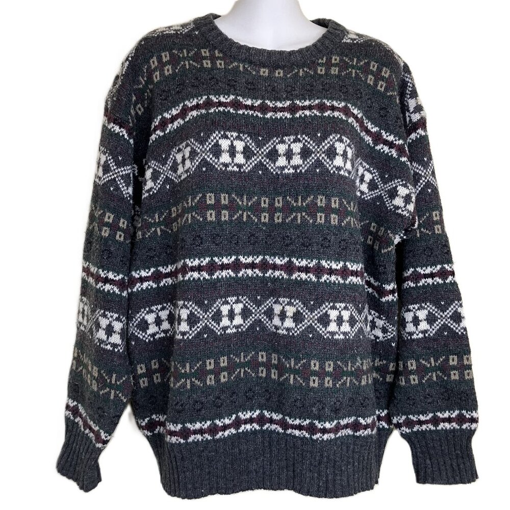 Cricketeer Fair Isle Pullover Sweater Grey Multi Acrylic Vintage 90s Oversized